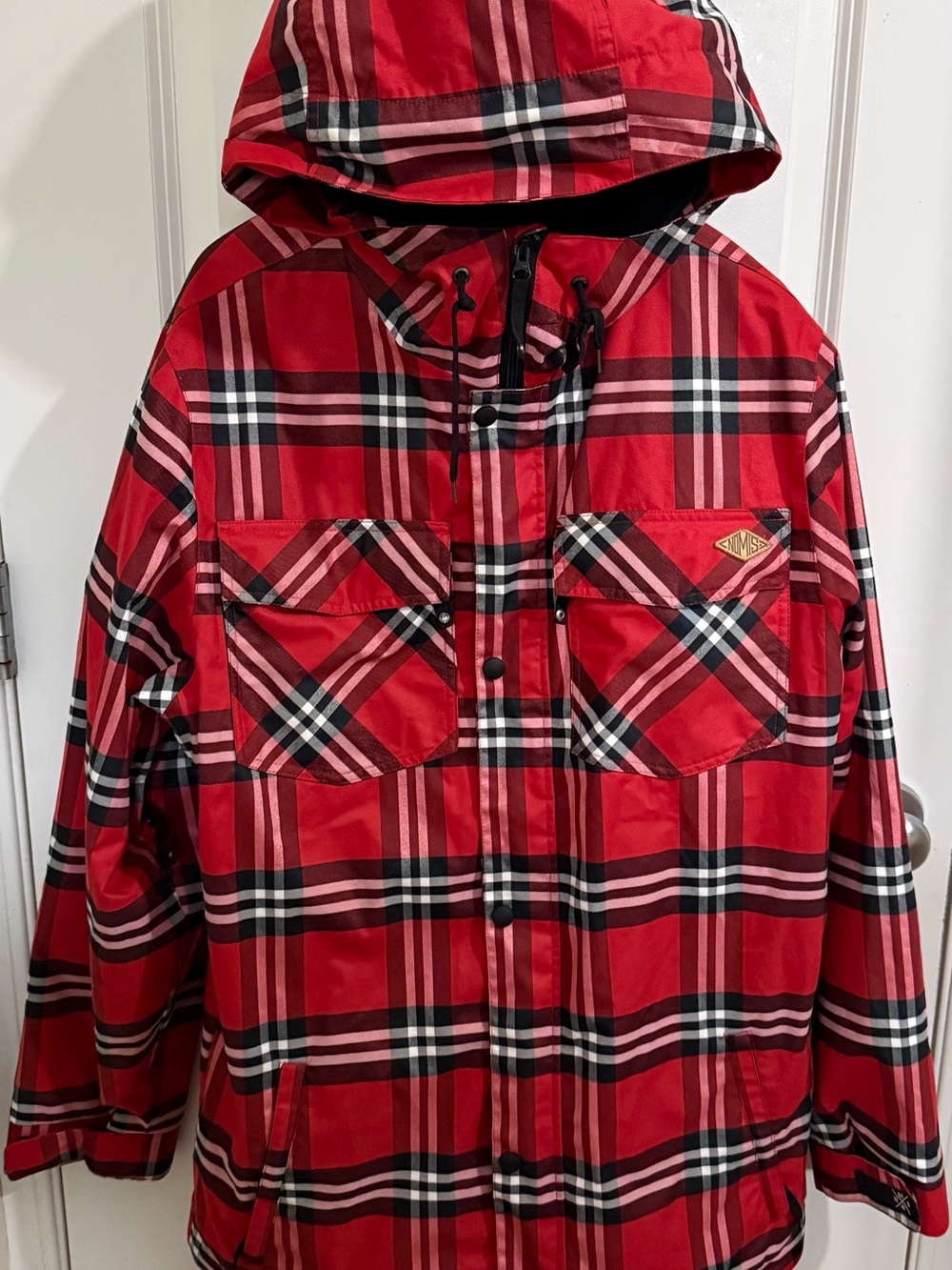 nomi Red Plaid Hooded Ski Jacket with Black & White Accents